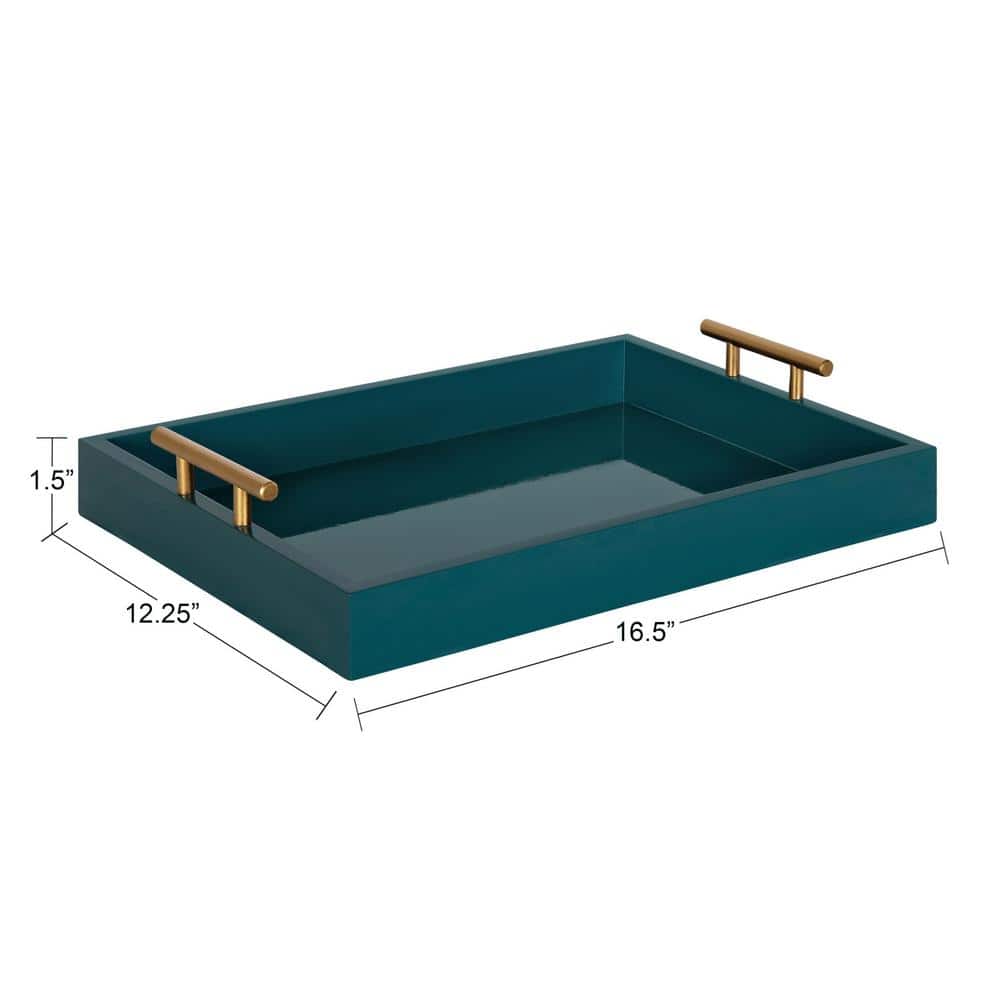 Teal Wood Tray with Brushed Gold Metal Handles