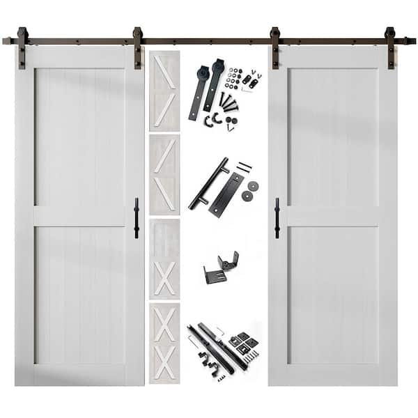 HOMACER 34 in. x 80 in. 5 in. 1 Design White Double Pine Wood Interior Sliding Barn Door Hardware Kit, Non-Bypass