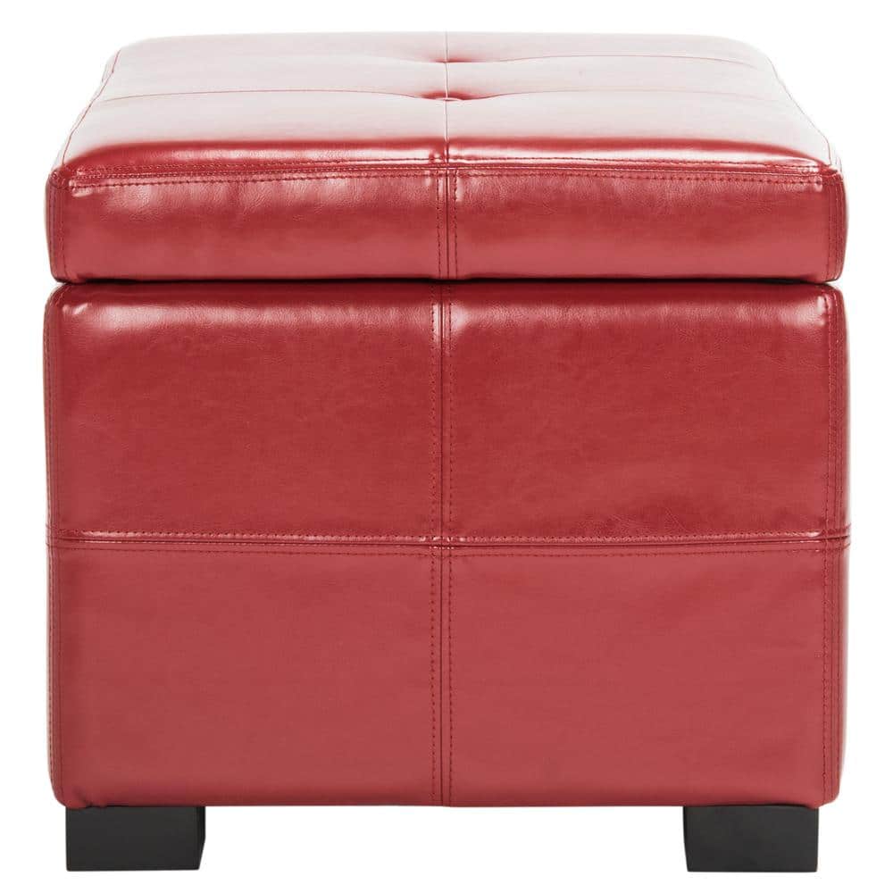 Transitional Red Faux Leather Tufted Storage Ottoman