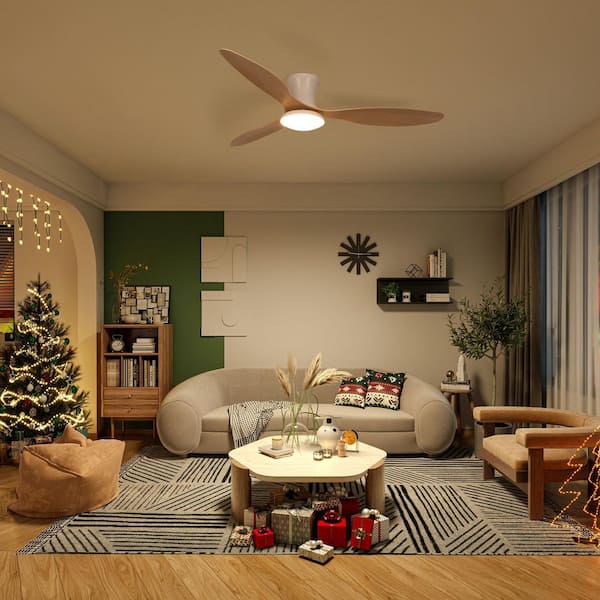 52 in. Smart Indoor Modern Wood Low Profile Flush Mount Ceiling Fan with Light Integrated LED with Remote 3-Blade