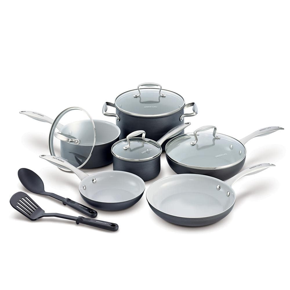 GreenLife Soft Grip Absolutely Toxin-Free Healthy Ceramic Non-stick Cookware Set, 18-Piece Set, Grey
