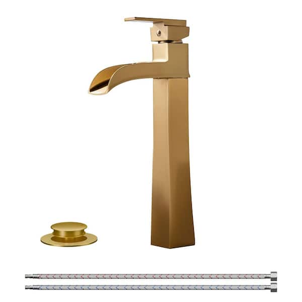 Forious pro Waterfall Single Handle Bathroom Faucet with Metal Pop-Up Drain in Gold