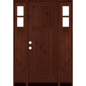 60 in. x 96 in. Alder 3 Panel Right-Hand/Inswing Clear Glass Red Mahogany Stain Wood Prehung Front Door with Sidelites
