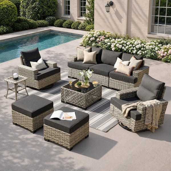 Merritt 9-Piece Wicker Outdoor Furniture Patio Conversation Sofa Set with Swivel Chairs, Tables and Black Cushions