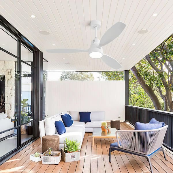 52 in. Indoor Matte White Ceiling Fan White 3 Solid Wood Blades Remote Control Reversible DC Motor with LED Light