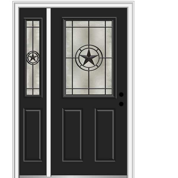 MMI Door Elegant Star 48 in. x 80 in. Left-Hand Inswing 1/2 Lite Decorative Glass Black Painted Fiberglass Prehung Front Door