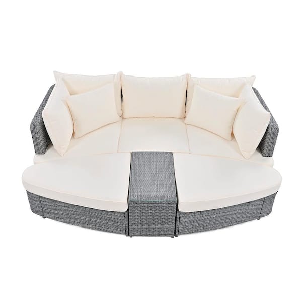 Zeus & Ruta 6-Piece Wicker Outdoor Patio Conversation Round Sofa Set, Separate Seating Group with Coffee Table, Beige Cushions