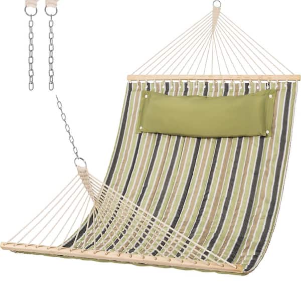 Atesun 78.7 in. x 55 in. Hammock Fabric Swing Large Hammock Bed with Spreader Bars, Detachable Pillow in Green&Brown Stripe