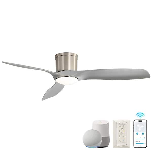 52 in. Smart Indoor Nickel Low Profile Ceiling Fan with LED Light and Remote/App Control, Works with Alexa/Google