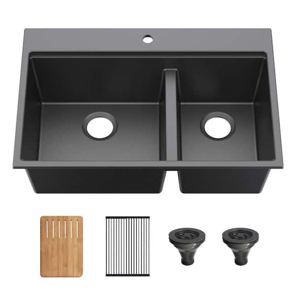 33in. Undermount Double Bowl Matte Black Quartz Workstation Kitchen Sink w/ Cutting Board, Rolling Drying Rack, Strainer