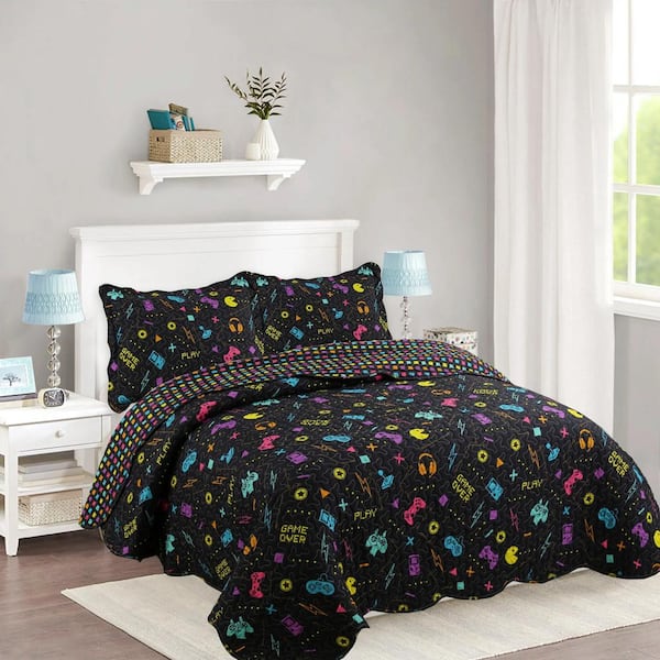 A80 Black Game Full Size Polyester Quilt Bedspread Set Throw Blanket