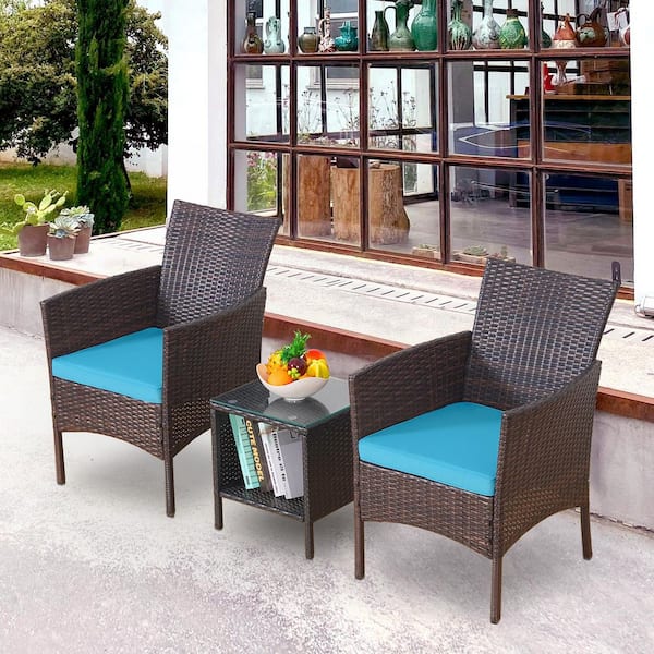 3-Piece Brown Wicker Patio Conversation Set with Peacock Blue Cushions and a Table for Garden