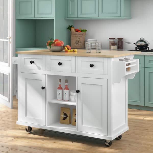 Rolling White Drop Leaf Wood Top 53 in. Kitchen Island Cart with Storage Racks, Removable Shelves, 5 Wheels