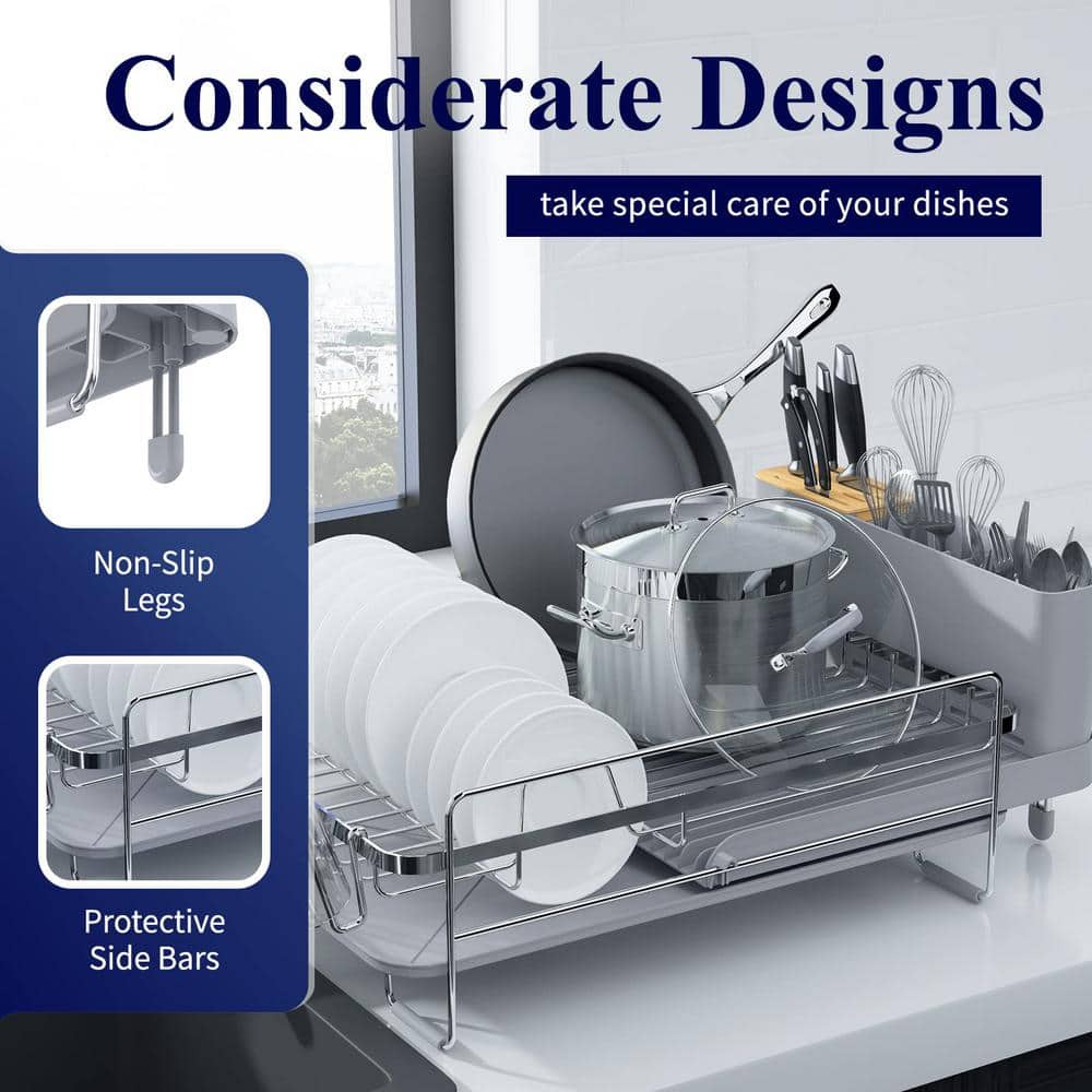 Silver Stainless Steel Expandable Dish Drying Rack with Utensil Cup