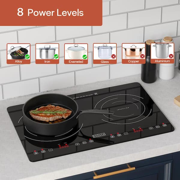 Stove and cooker red hot. Induction, ceramic cooktop, electric stovetop and  hob in kitchen. Warm plate ready for cooking. Contemporary interior design,  modern counter and wood table., Stock image