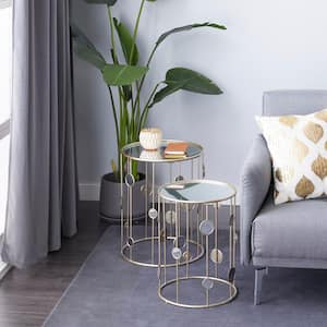 13 in. Gold Medium Round Mirrored End Accent Table with Mirrored Glass Top (2- Pieces)