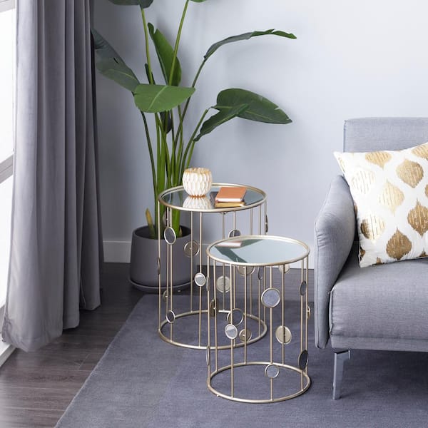 Litton Lane 13 in. Gold Medium Round Mirrored End Accent Table with Mirrored Glass Top (2- Pieces)