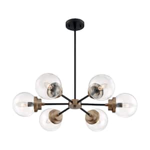 Axis 6-Light Matte Black with Brass Accents Sputnik Chandelier with Clear Glass Shade and No Bulbs Included
