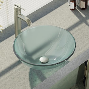 Glass Vessel Sink in Frosted with R9-7001 Faucet and Pop-Up Drain in Brushed Nickel