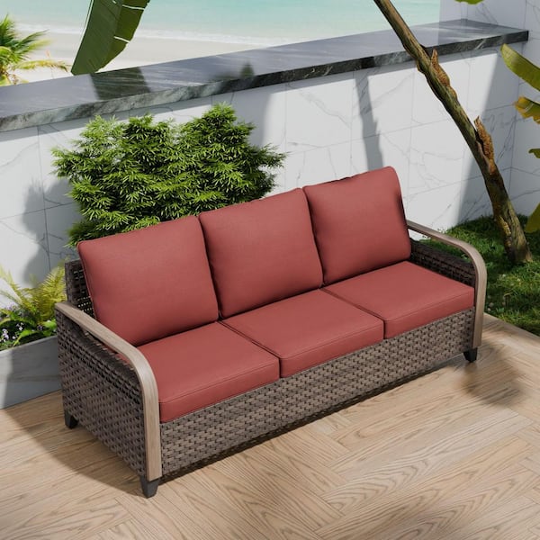 Brown 1-Piece Wicker Rattan Outdoor Patio Sectional Set 3-Seat Sofa with Red Cushions