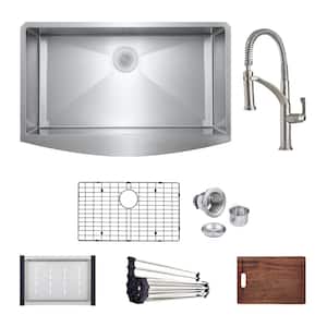 Bryn Stainless Steel 16-Gauge 33 in. Single Bowl Farmhouse Apron Kitchen Sink Workstation with Deluxe Faucet, Grid/Drain
