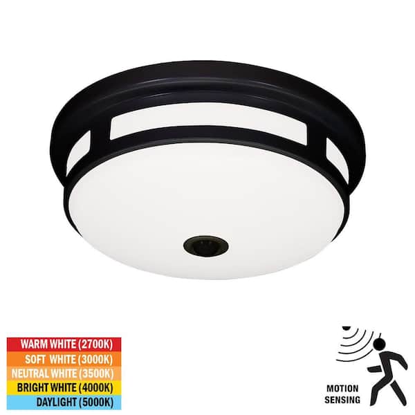Hampton Bay 11 in. Round Black Exterior Outdoor Motion Sensing LED Ceiling Light 5 Color Temperature Options Wet Rated 830 Lumens