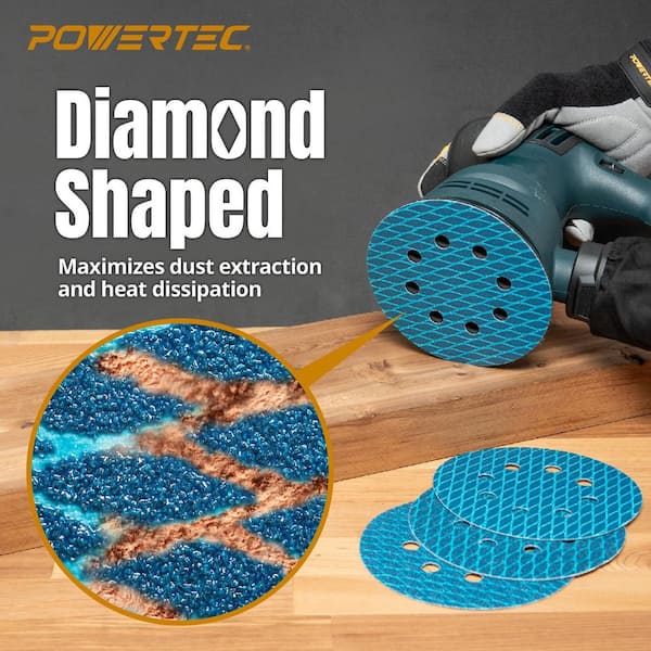 POWERTEC 5 in. 8-Hole Hook and Loop Diamond Shaped 240 Grit J