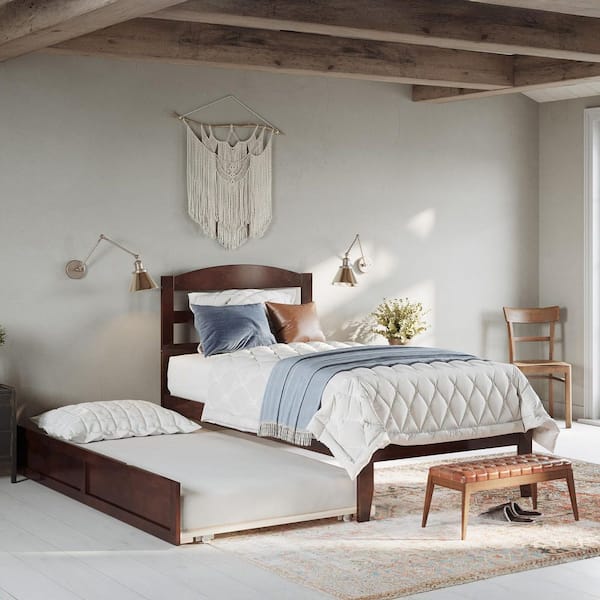 Warren 38-1/4 in. W Walnut Twin XL Solid Wood Frame with Twin XL Pull Out Trundle Bed and USB Charger Platform Bed