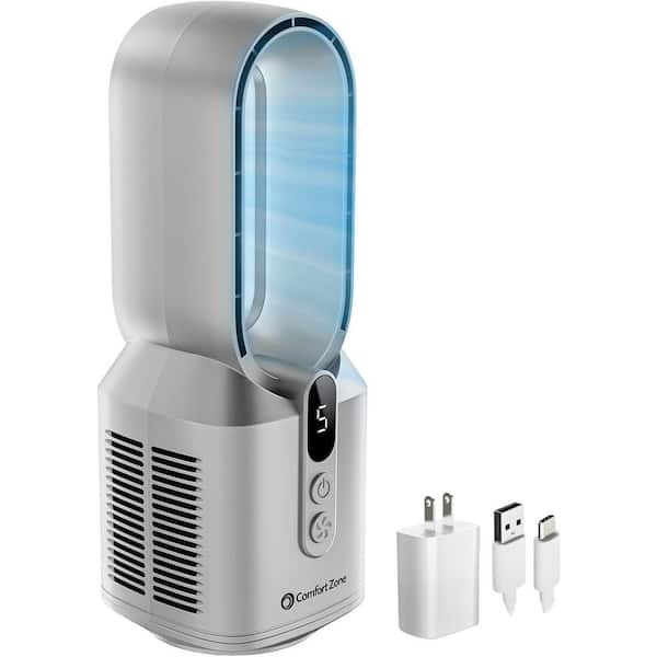 14 in. Tall and 5.5 in. Diameter 5 Speed Rechargeable Desktop Tower Fan in Silver with USB Type C Plug