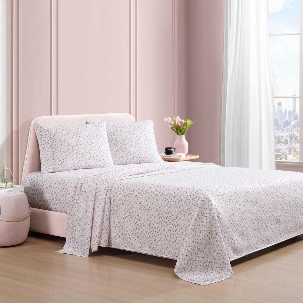 Pink Floral Microfiber Queen Sheet Set with Elasticized Fitted Sheet