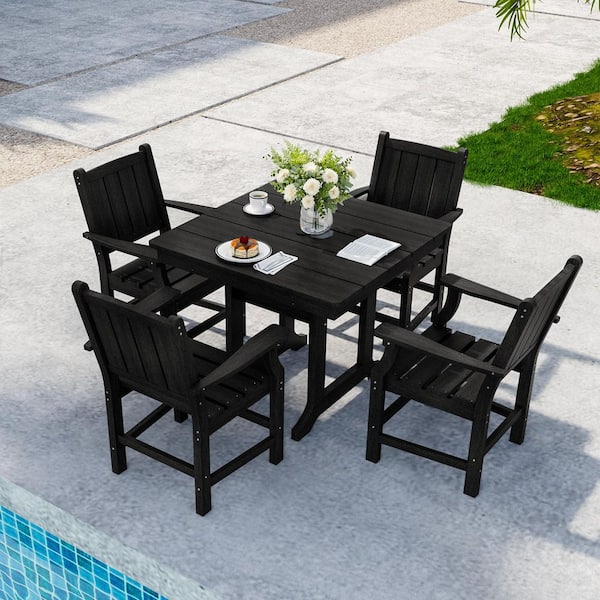 Black 5-Piece HDPE Plastic Patio Outdoor Dining Set with Arm Chairs