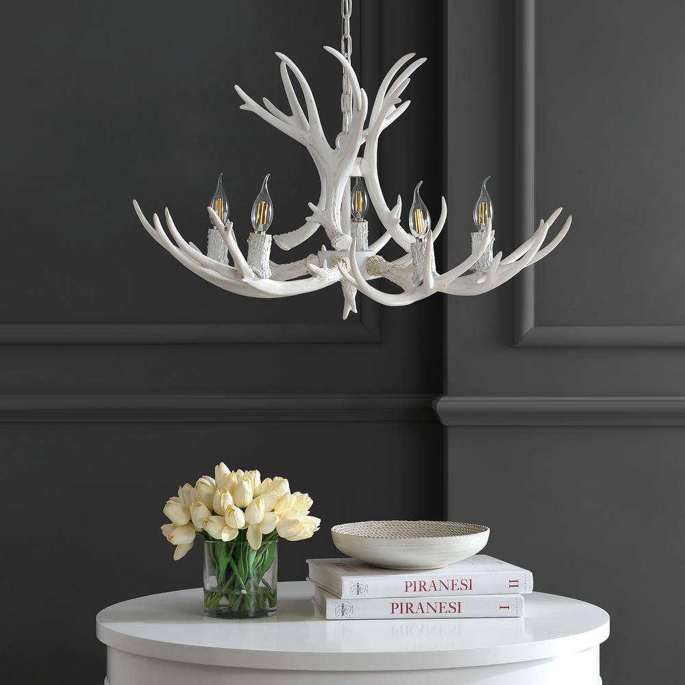 Eldora 30" White Adjustable Resin Antler 5-Light LED Chandelier