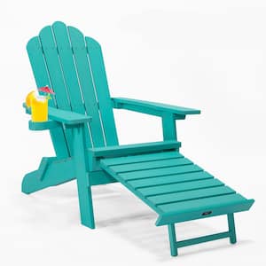Green Traditional Curveback Patio Plastic Adirondack Chair with Pullout Ottoman and Cup Holder