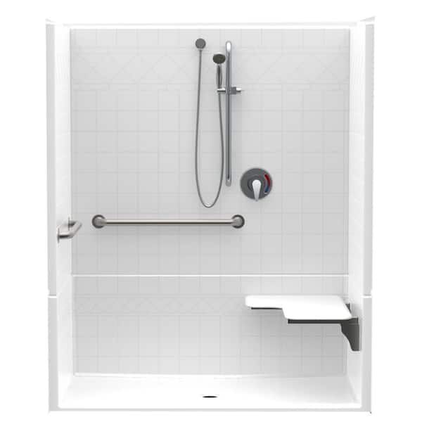 Aquatic Accessible Diagonal Tile AcrylX 60 in. x 34 in. x 75.5 in. 4-Piece ADA Shower Stall w/ Right Seat and Grab Bars in White