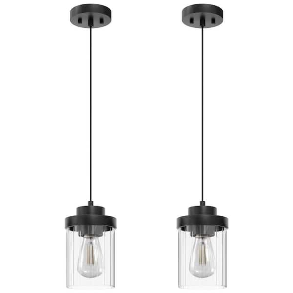 Merra 60-Watt 1 Light Matte Black Mini Pendant Light with Clear Shade and Adjustable Height (Set of 2)