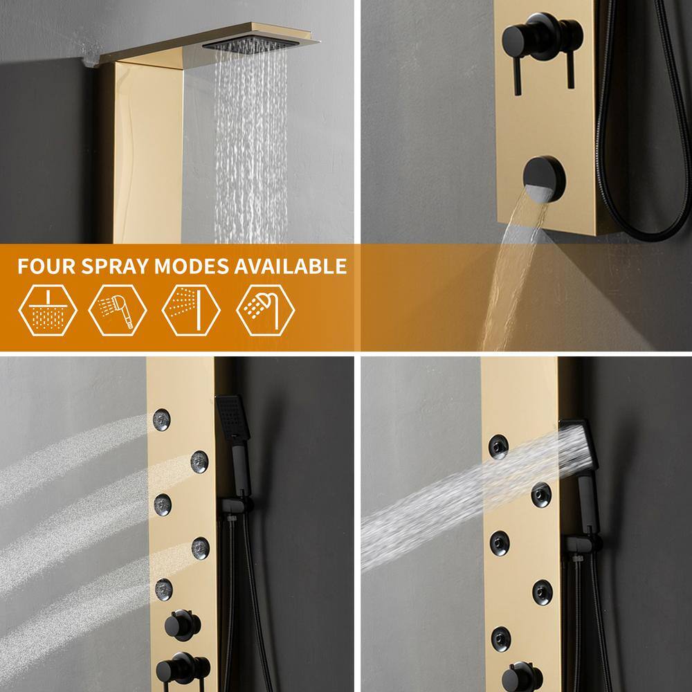 Gold Brushed 4-Jet Rainfall Shower Panel System with Handheld Wand