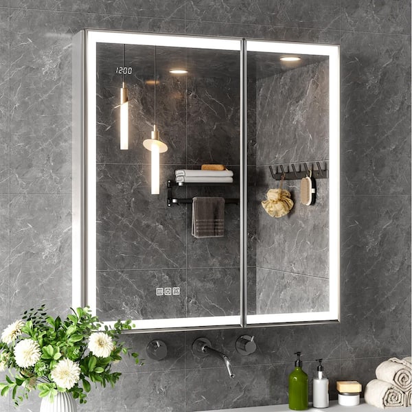 Nova 30 in. W x 32 in. H Rectangular Aluminum Recessed/Wall Mount Dimmable Fogless Lighted Medicine Cabinet with Mirror