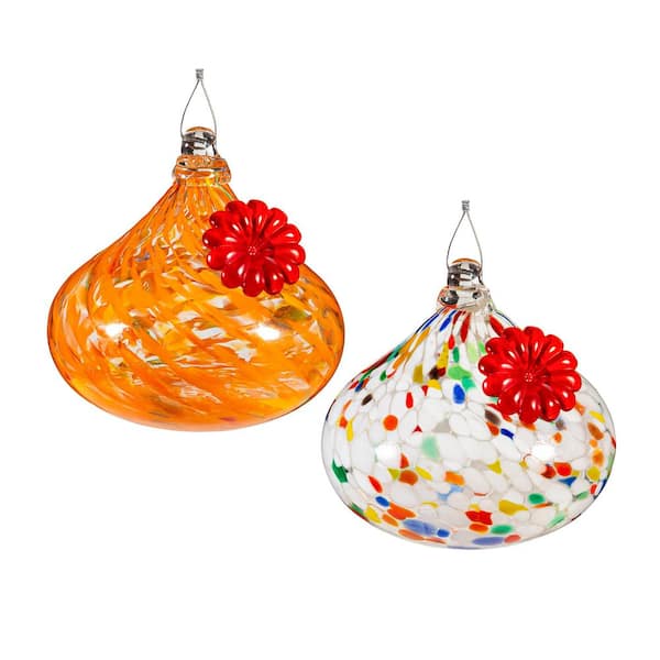 Orange and Multi-Color Art Glass Orb Hummingbird Feeders, Set of 2