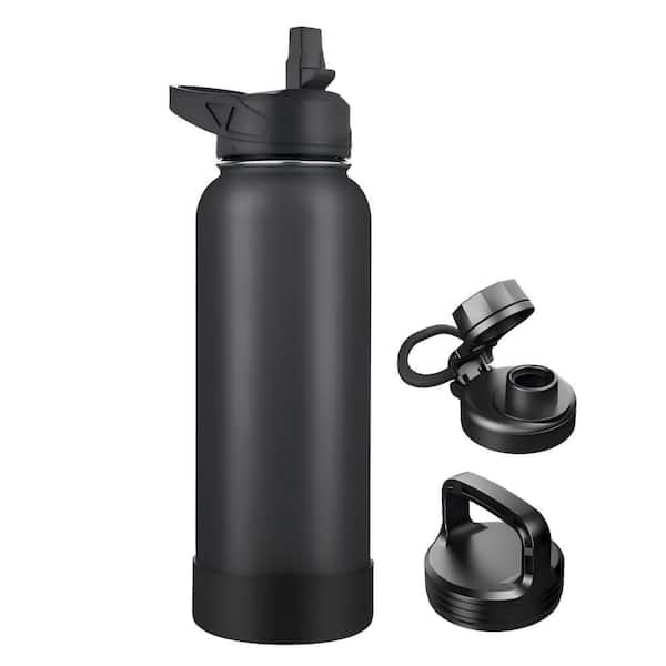 40 oz. Black Stainless Steel Coffee Bottle, Leakproof Vacuum Insulation, 12H Hot, with 3 Lids and Straw, Set of 1