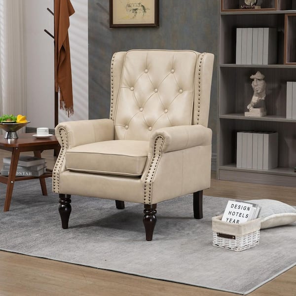 Camel Modern PU Leather Accent Chair, Solid Wood Frame Arm Chair with Rivets for Living Room or Bedroom