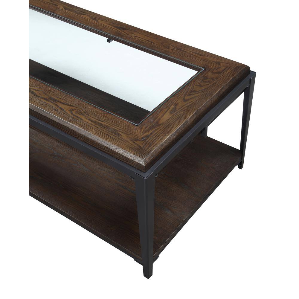 Espresso Rectangular Wood and Glass Cocktail Table with Iron Frame