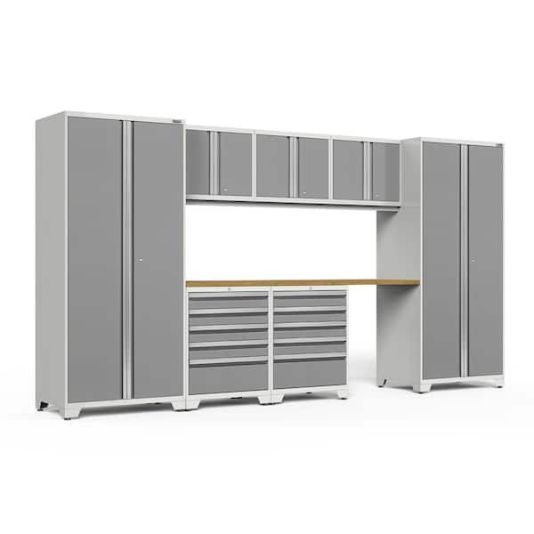 NewAge Products Pro Series 156 in. W x 84.75 in. H x 24 in. D 18-Gauge Welded Steel Garage Cabinet Set in Platinum (8-Piece)