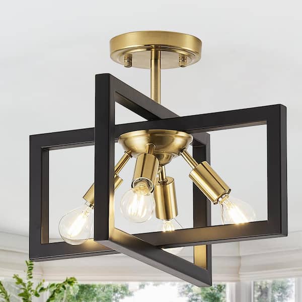ZJVAIVE 14.5 in. 4-Light Geometric Black and Brass Modern Semi-Flush Mount Ceiling Light with No Bulbs Included