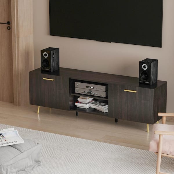 FUFU GAGA 69 in. W Black Wood TV Stand Console Entertainment Center for TV up to 75 in. KF200051 01