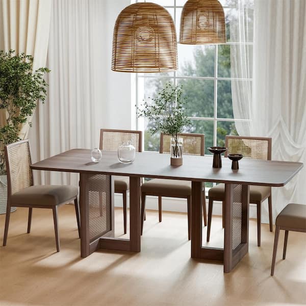 Rectangle Walnut Wood 79 in. Double Pedestal Dining Table Seats 8