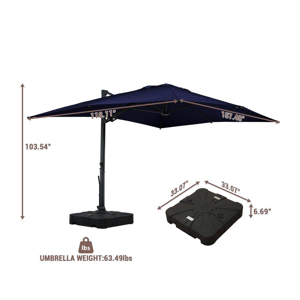 Navy Blue Rectangular Cantilever Patio Umbrella with LED Light and Stand