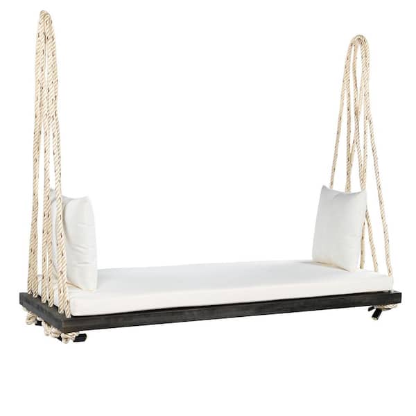 Beige Patio Wooden Swing Chair, Hanging Porch Swing Bench with Cushion and Pillows for Backyard