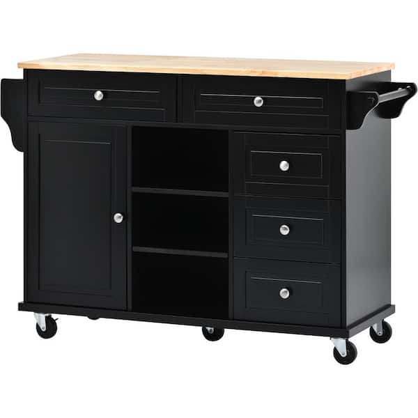 Black Wood 52.8 in. Kitchen Island with Storage and 5-Draws, Rubber ...