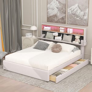 Beige Wood Frame Queen Size Upholstered Platform Bed with Adjustable Headboard, LED, USB Charging and 2-Drawers