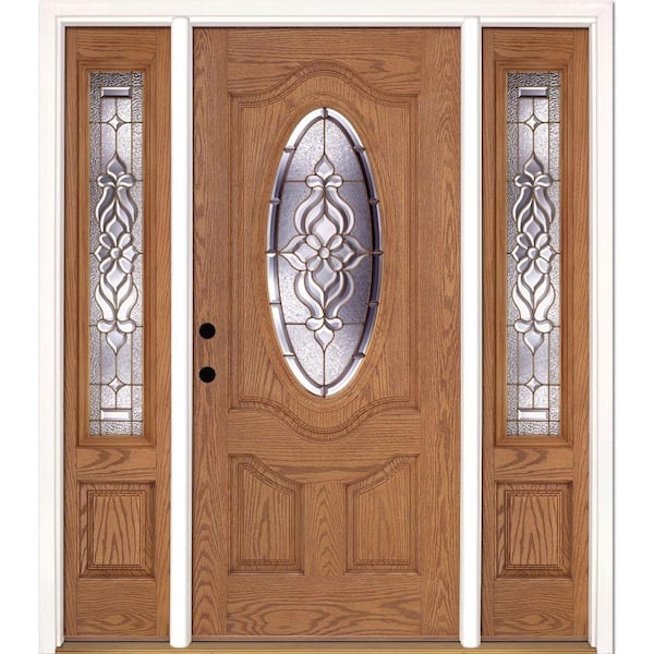 Feather River Doors 63.5 in.x81.625 in. Lakewood Brass 3/4 Oval Lite Stained Light Oak Right-Hand Fiberglass Prehung Front Door w/Sidelites